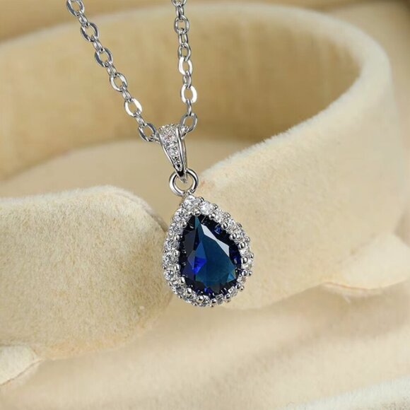 NEW 14k White Gold Blue Sapphire Diamond Necklace Tear Drop Pear Cut Pendant - Picture 5 of 5